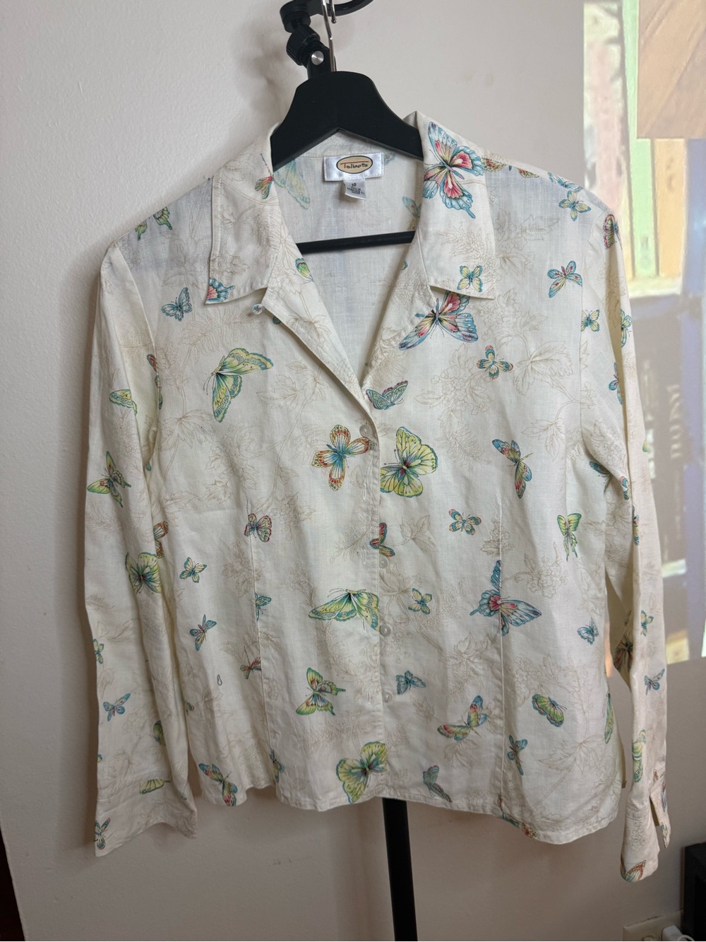 Talbots Cream Button-Front Blouse with Multicolor Butterfly Print